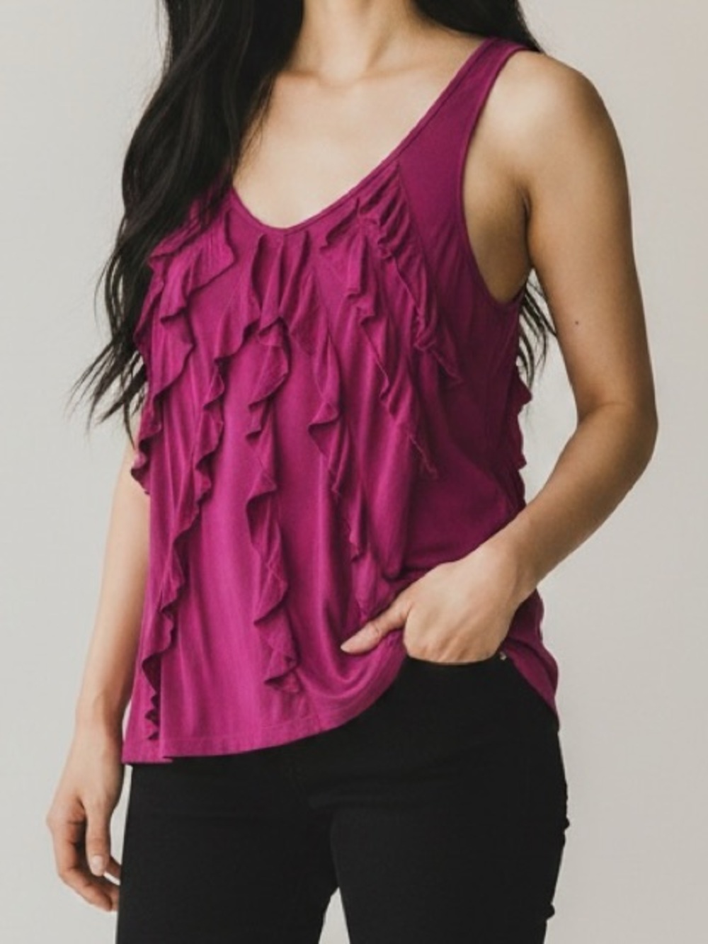 Express Small Pink Magenta Vintage Ruffle Front V-Neck Tank Top